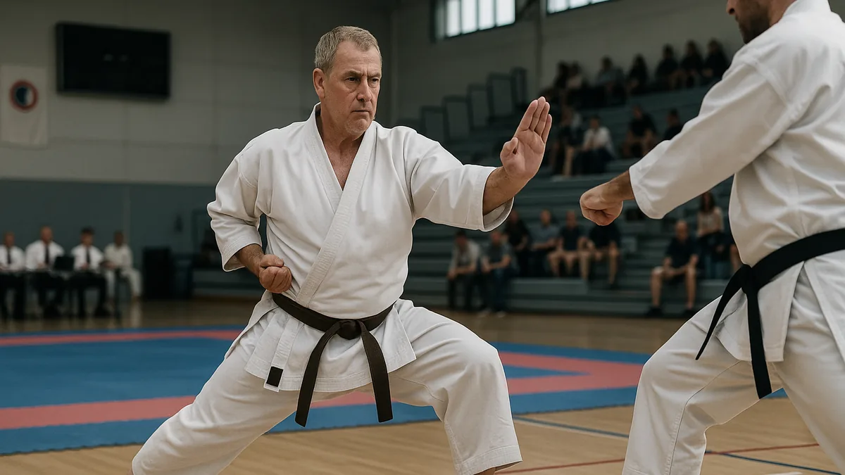 A karate practitioner is captured mid-movement, hands raised slowly in front of their face, embodying the opening gesture of Kanku Dai with intense focus.