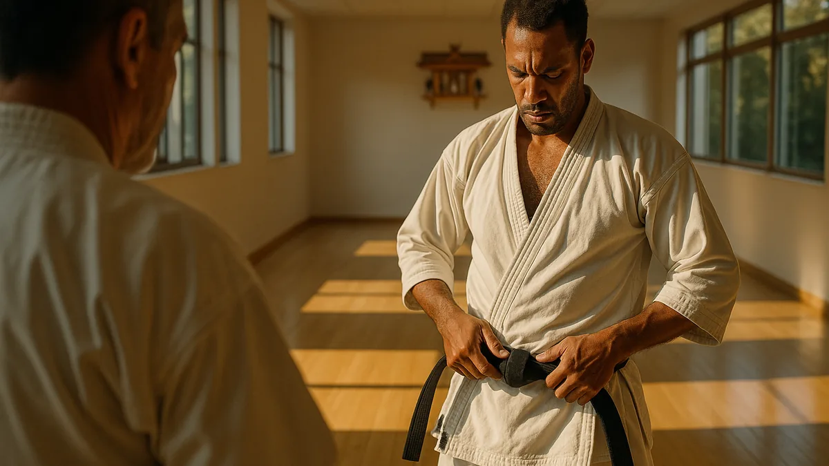 A black belt practitioner performs a kata movement with intense focus, while a shadowy overlay shows the same movement applied in a sparring context.