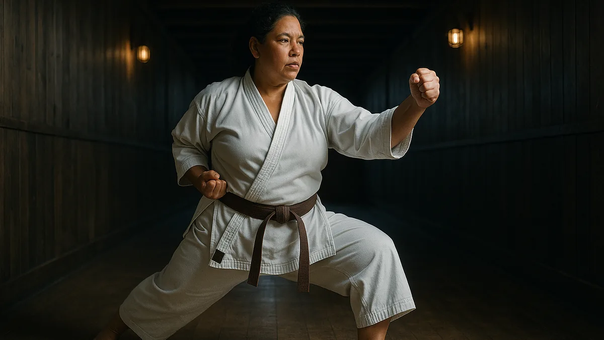 A karate practitioner in mid-kata, exhaling forcefully with a focused expression, emphasizing the connection between breath and technique.