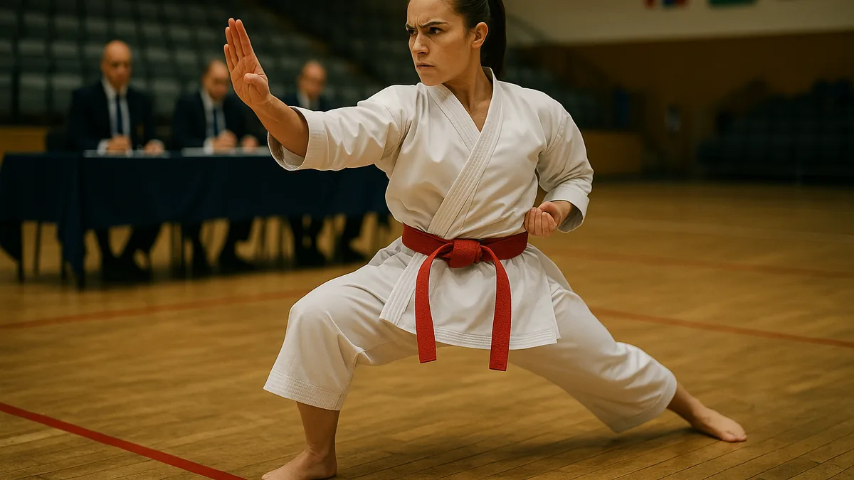A female competitor performing shuto-uke at the peak of kime on a competition floor with judges visible behind