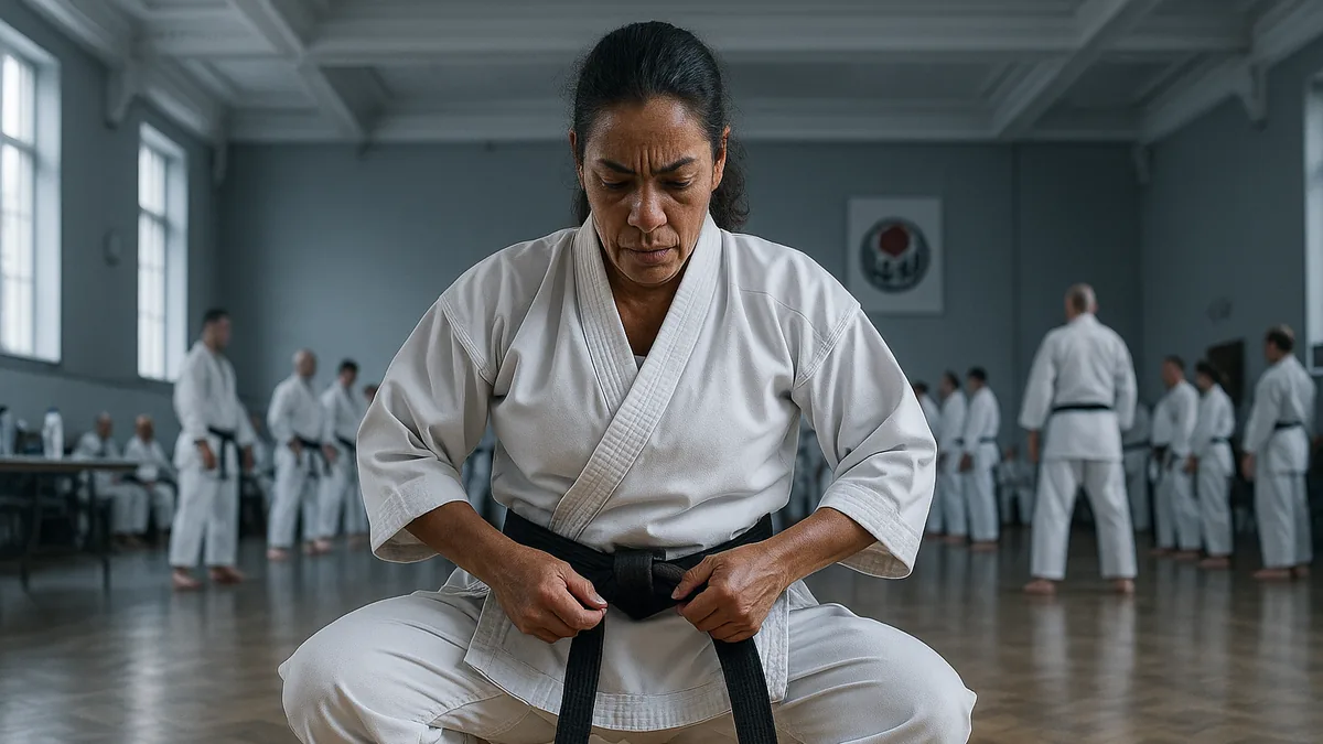 A karate practitioner is captured mid-kata, transitioning smoothly between two techniques with a visible change in tempo, emphasizing the rhythm and flow of the movements.