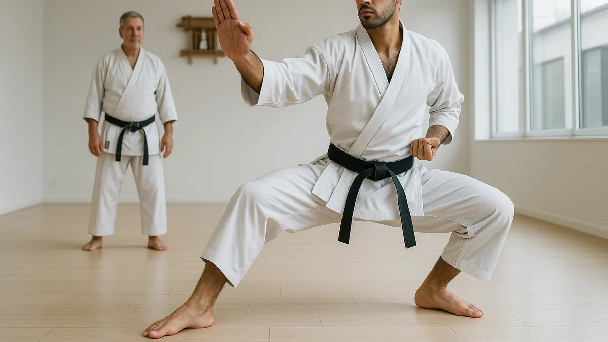 A karate practitioner is captured mid-transition between two kata techniques, emphasizing the fluidity and continuity of movement.