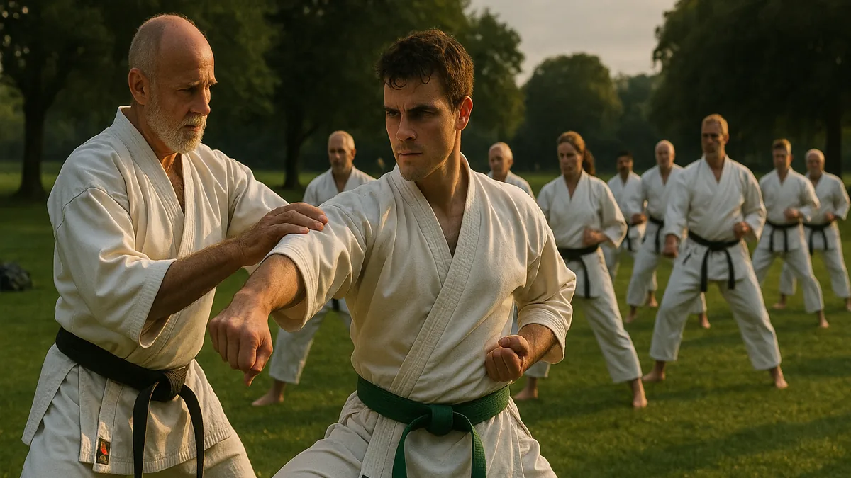 A karate practitioner performing a kata with mirrored movements, starting with the right foot instead of the left.
