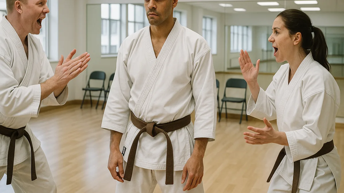 A karate student stands in the middle of a dojo, visibly tense, while two training partners create distractions by clapping and calling out, simulating competition pressure.