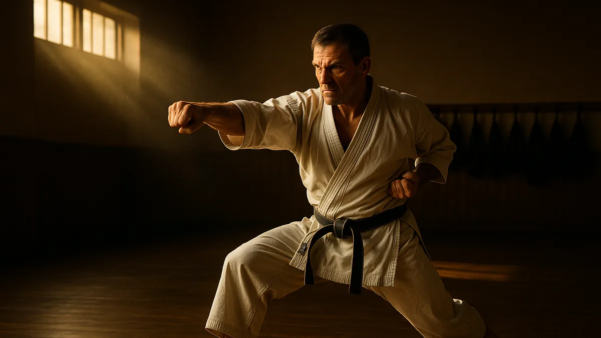 A karateka performing oi-zuki with fierce intent alone in a sunlit dojo at dawn