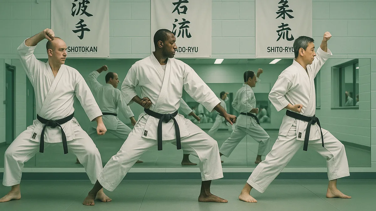 Three karate practitioners from different styles perform Bassai Dai side by side, each in their distinct stances and postures.