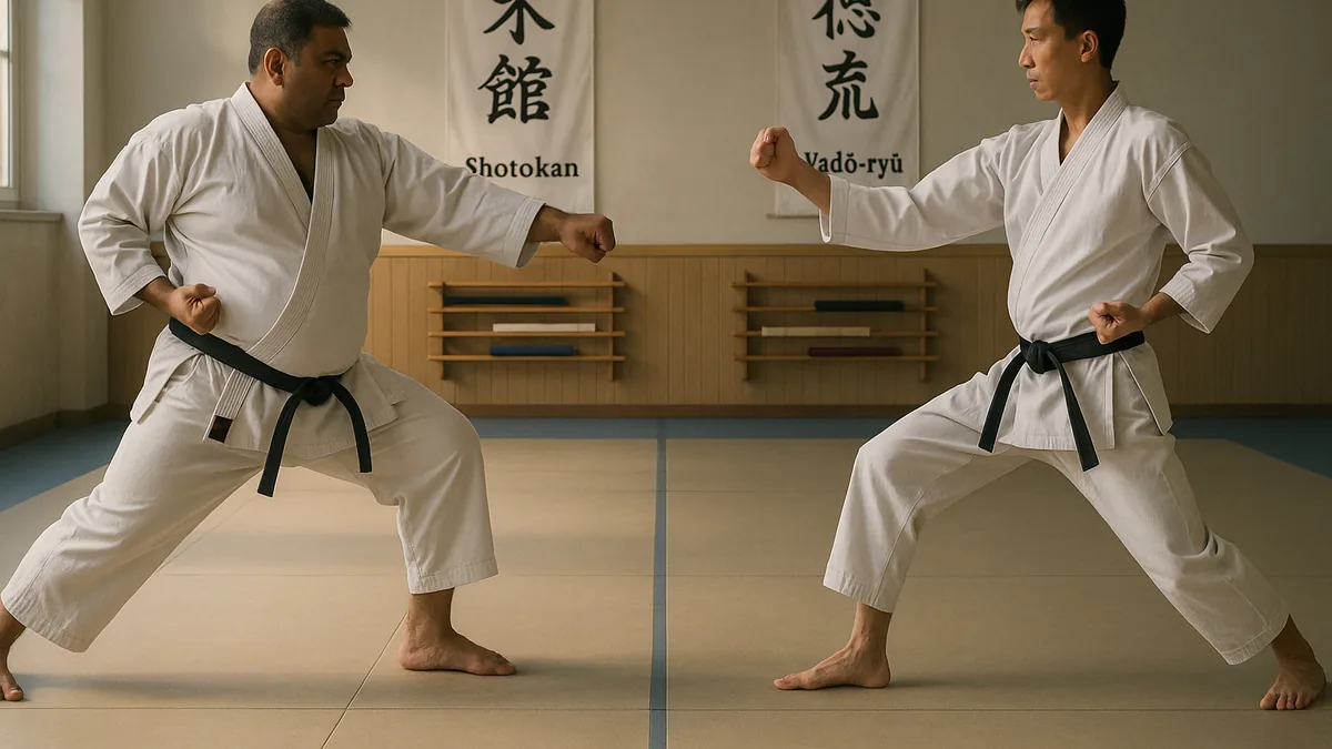 Two karate practitioners face each other, one performing a Shotokan Heian kata with deep stances and pronounced hip rotation, the other executing a Wado-ryu Pinan kata with lighter, more fluid movements.