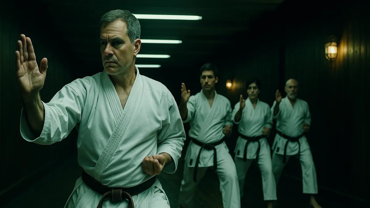 A karate practitioner stands in a focused Sanchin stance, demonstrating controlled breathing and muscular tension.