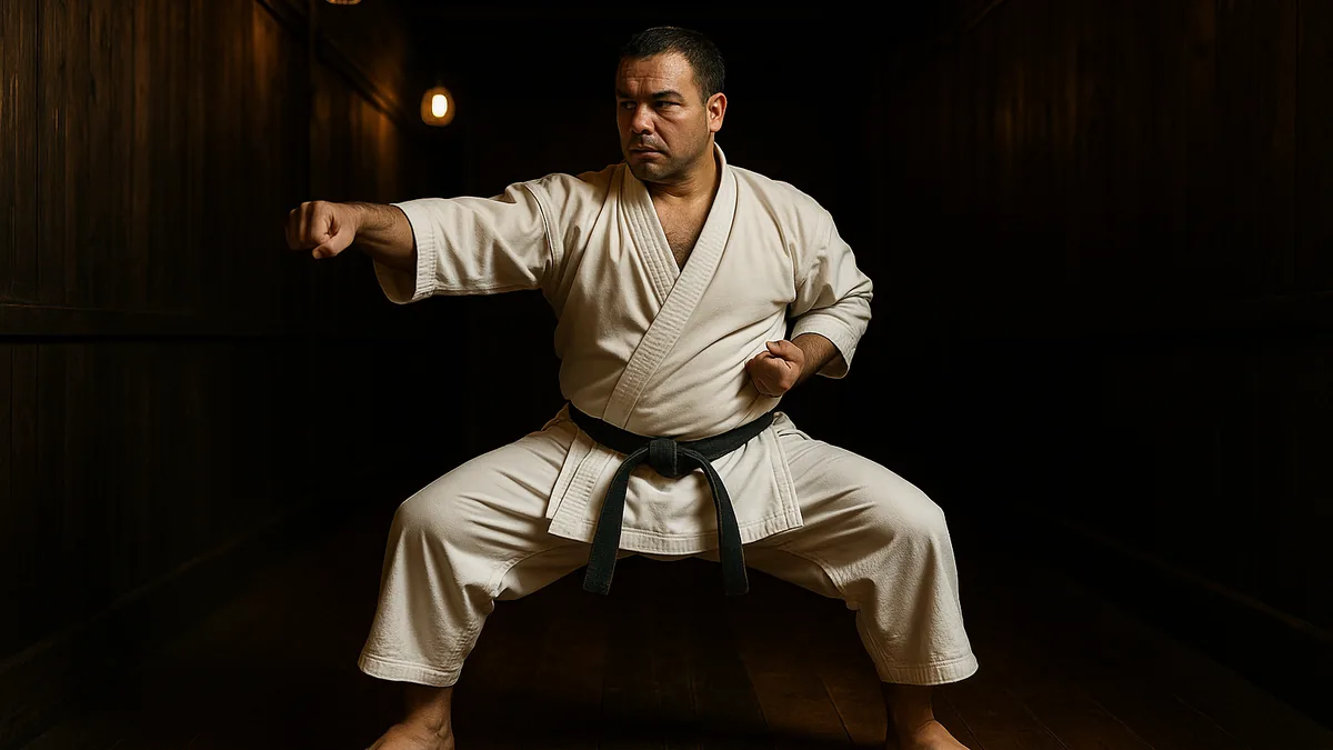 A karate practitioner in deep kiba-dachi performing kagi-zuki in a narrow traditional dojo