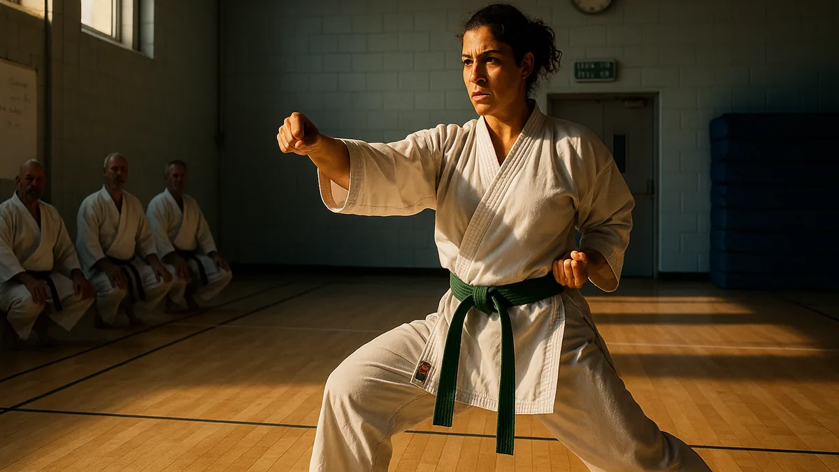 A karate practitioner performing a kata with intense focus and precise movements, capturing the difference between knowing and owning the kata.