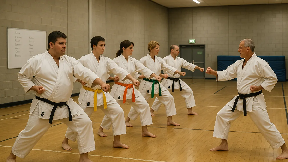 Karate practitioner performing Heian kata in a traditional dojo