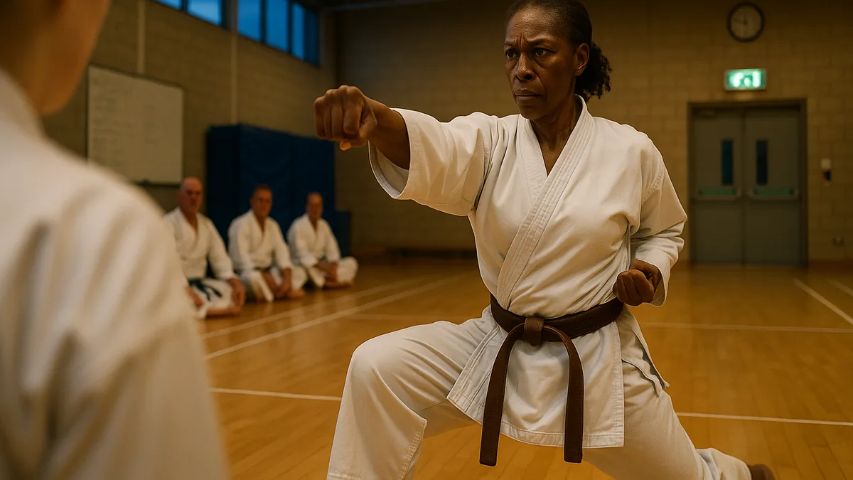 A karate student performs Heian Shodan with intense focus, capturing the precision and deliberate transitions of the kata.
