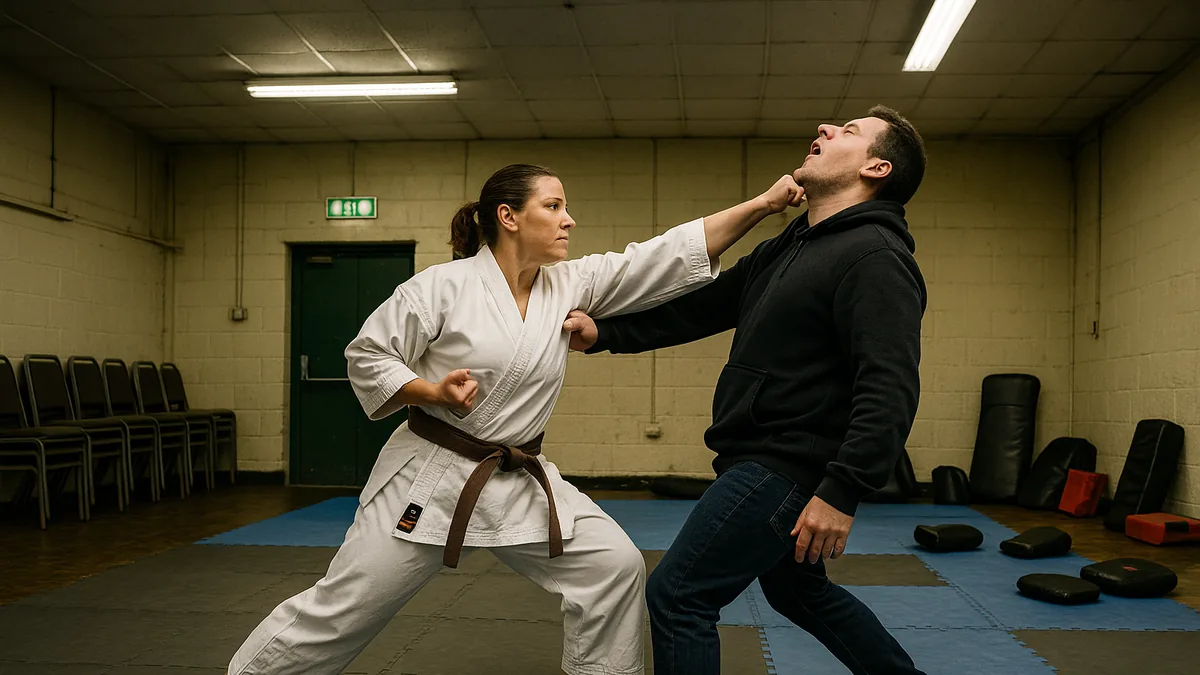 A female karateka applying a kata-derived palm-heel strike against a street-clothed attacker in a community hall