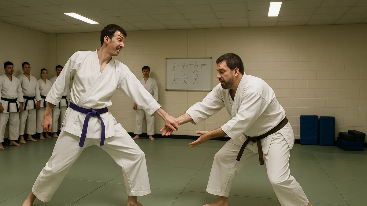 A bunkai drill failing as the defender loses control against a resisting partner in a brightly lit dojo