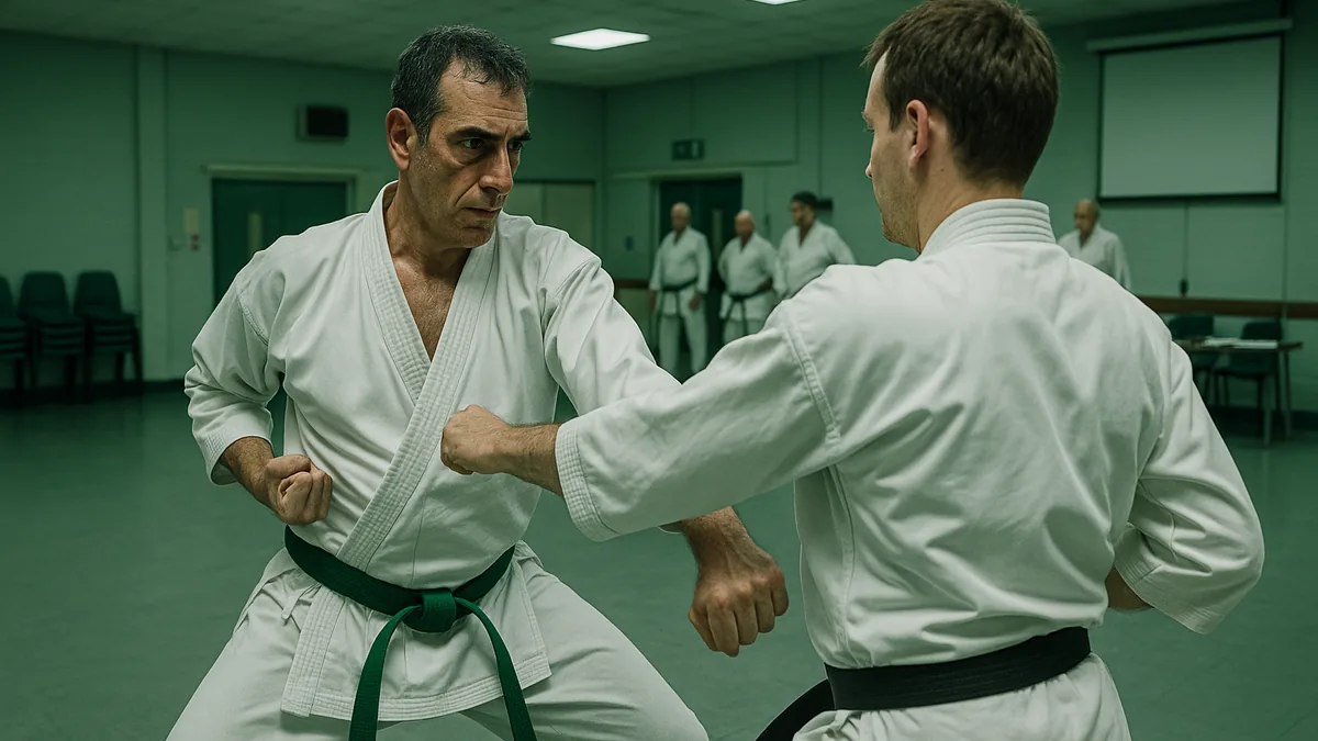 A karate student in a gi performs a kata slowly, with intense focus on each movement, in a brightly lit dojo.