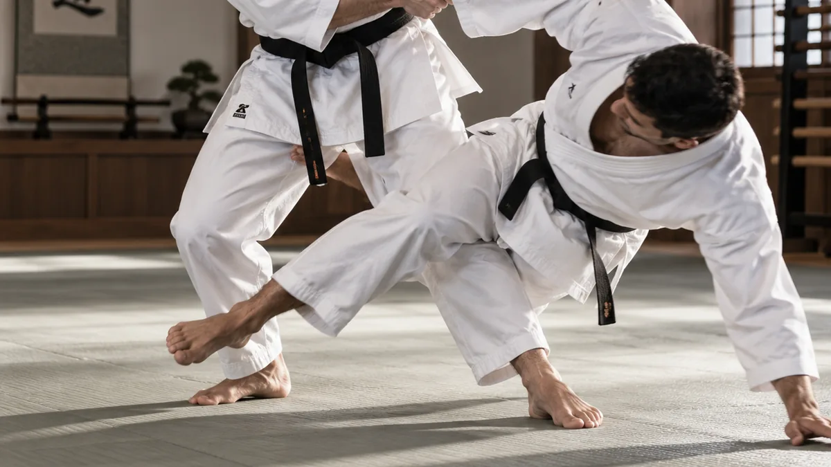 A karateka executes a precise ashi-barai sweep on a moving opponent during a kumite match.