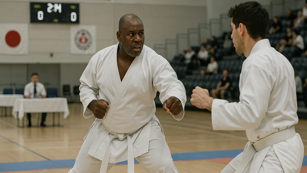 A karateka in a sparring stance, eyes focused and calm, with an opponent in the background showing visible frustration.