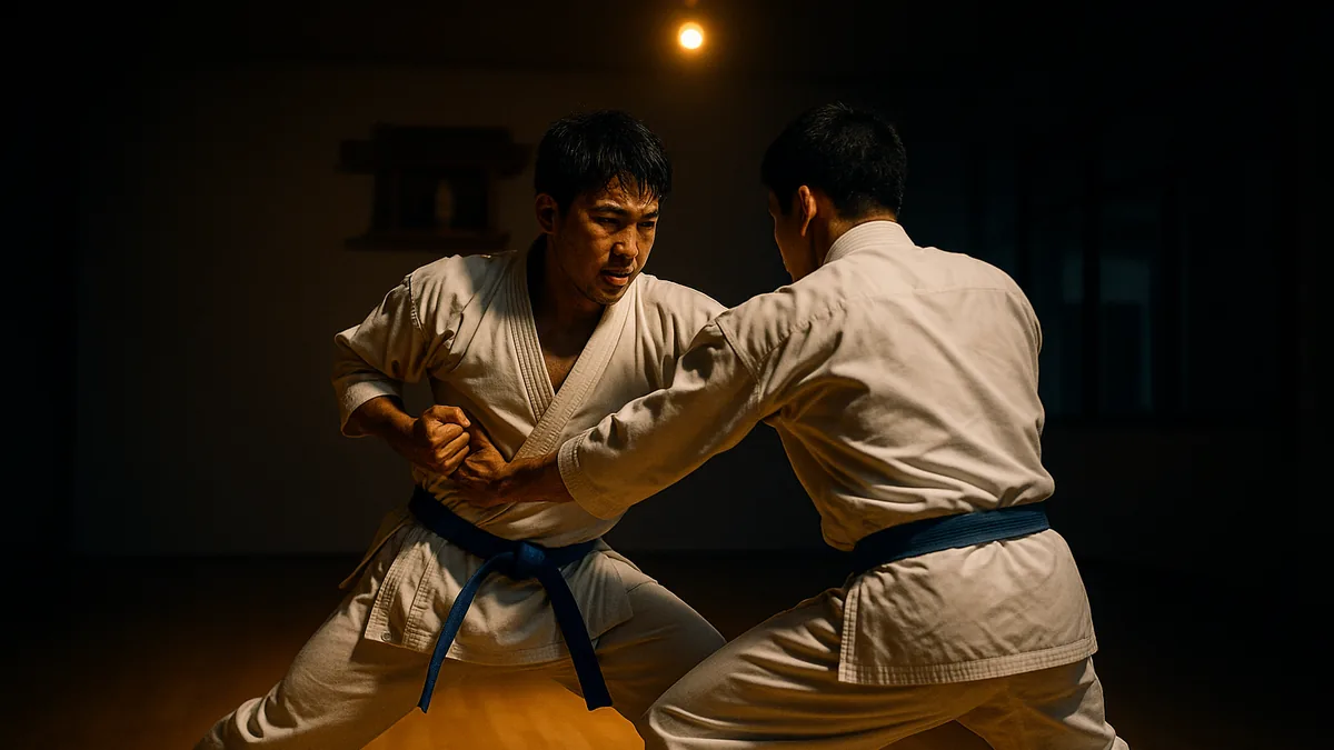 Two karate practitioners in a sparring stance, one subtly positioned with a clear line to the opponent's center while the other appears off-balance.