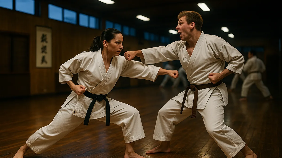 A female karateka slipping offline and driving gyaku-zuki to the ribs of an over-committed attacker