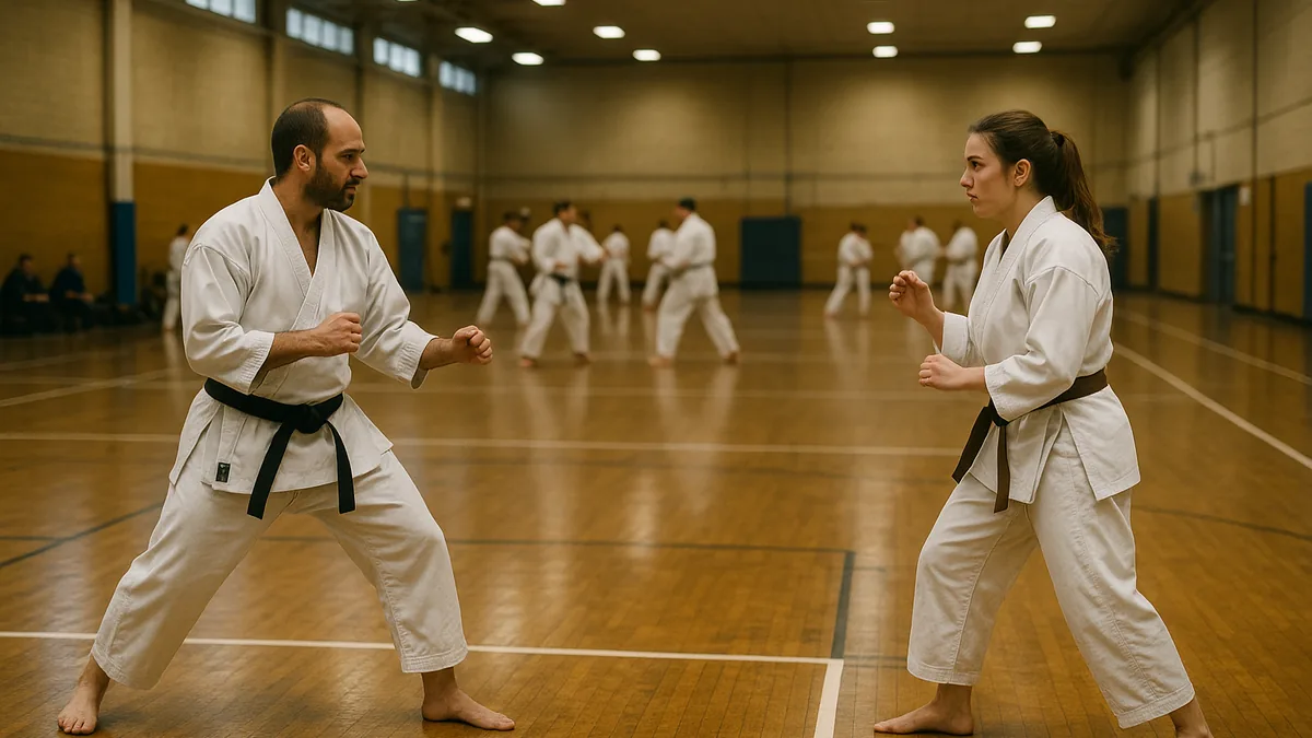 A black belt fighter cutting the ring and pressuring his opponent toward the boundary line in a competition training hall