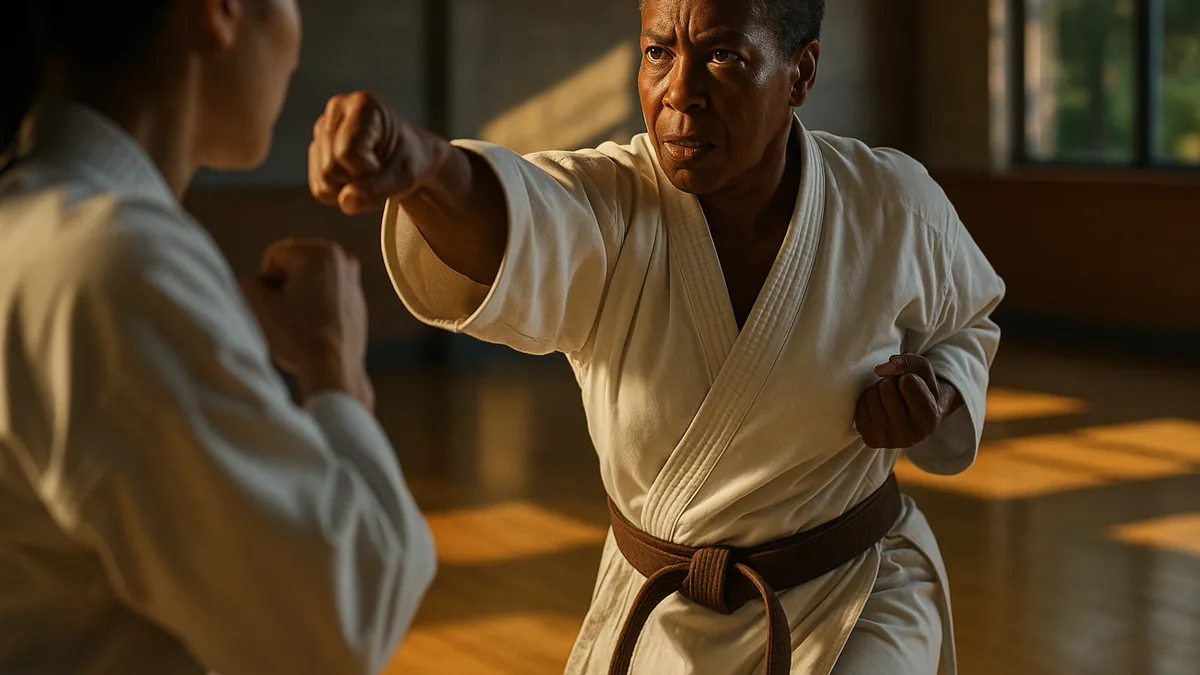 A karateka in mid-action, executing a feint with intense focus, while their opponent begins to react defensively.