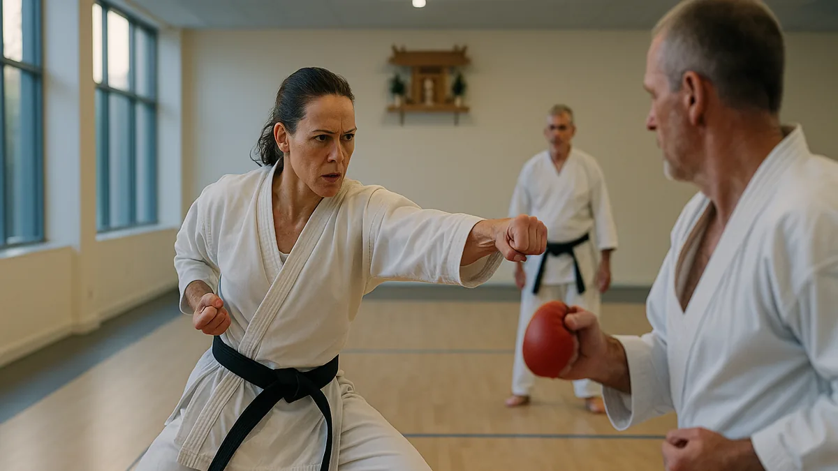 Two karate competitors in mid-action, one executing a gyaku-zuki while the other counters with a kizami-zuki.