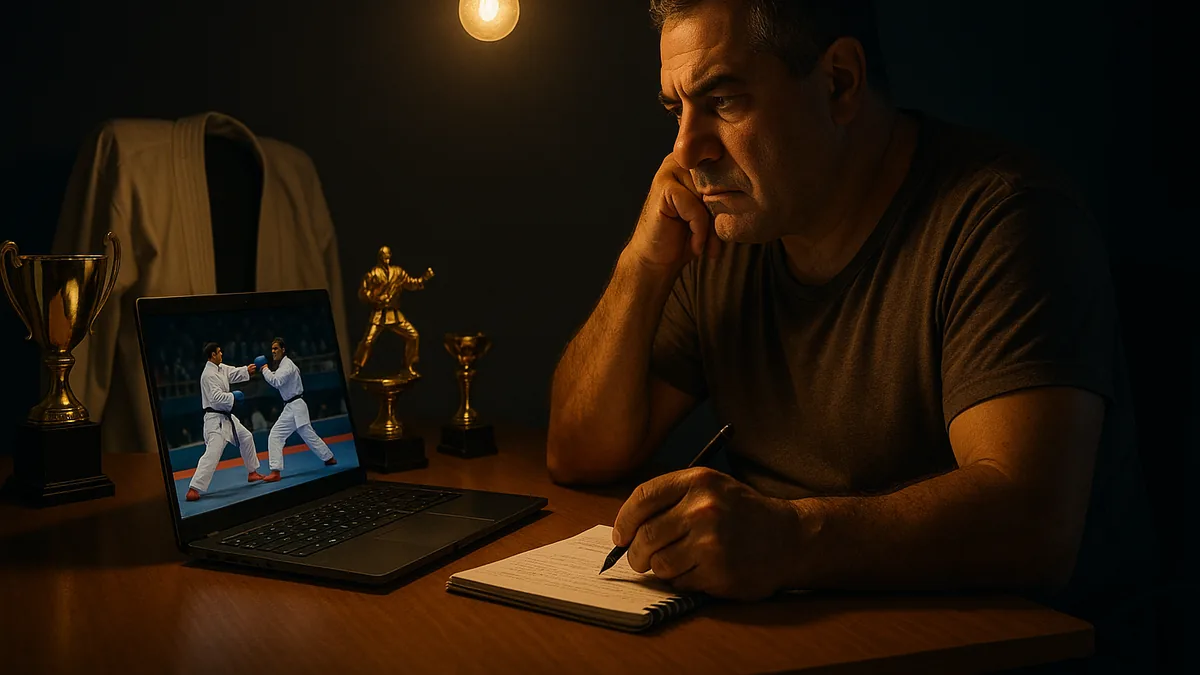 A karate competitor intensely watching a video of a past match on a laptop, taking detailed notes with a pen and paper.