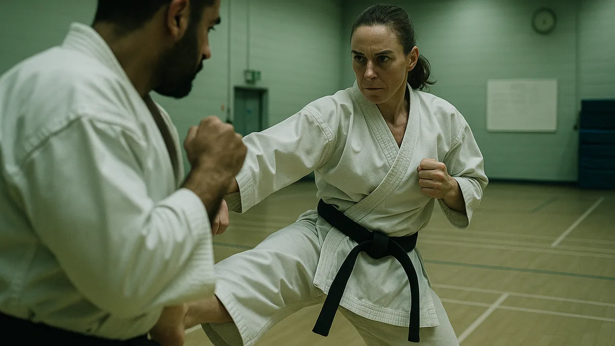 A karateka in a gi is sparring with a left-handed opponent, both in fighting stances with the orthodox fighter stepping their lead foot outside the southpaw's.