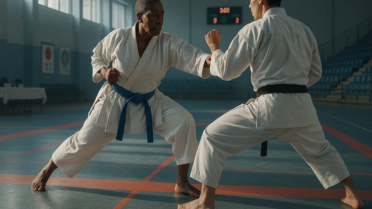 A female black belt evading a strike during a two-person sparring drill in a competition venue with soft morning light
