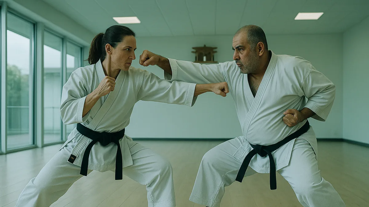 A karateka stands in front of a full-length mirror, carefully observing their guard position while practicing gyaku-zuki.