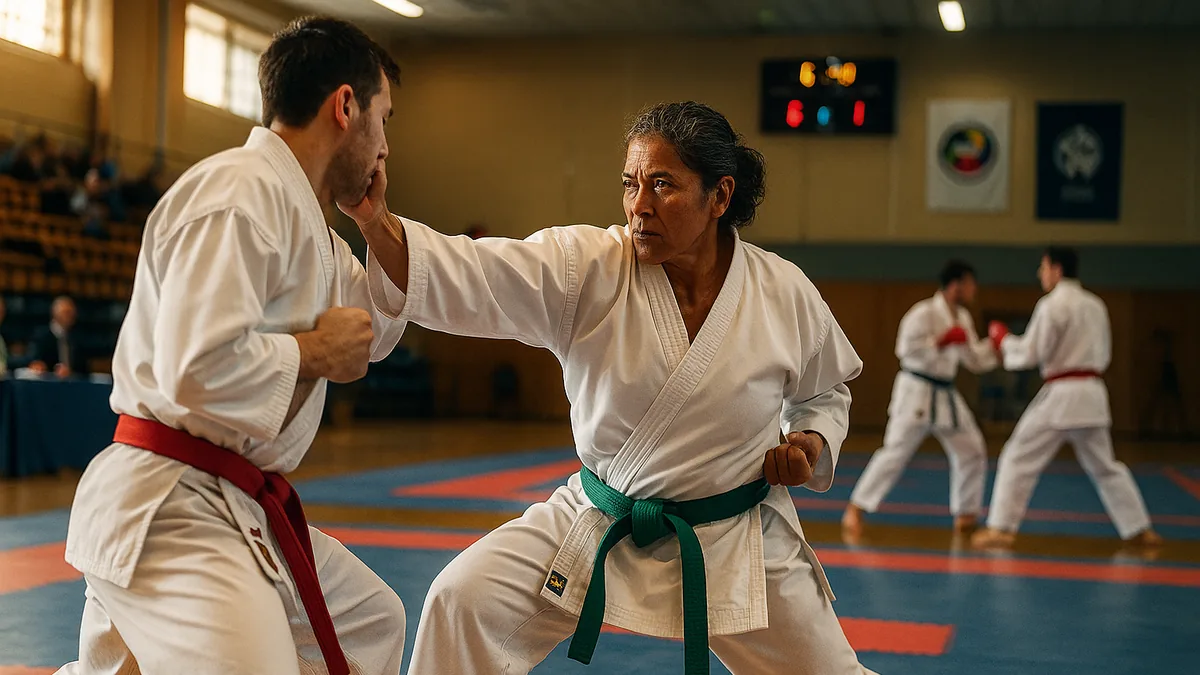 Two karate practitioners in a kumite match, one subtly redirecting the other's balance in close range without grabbing.