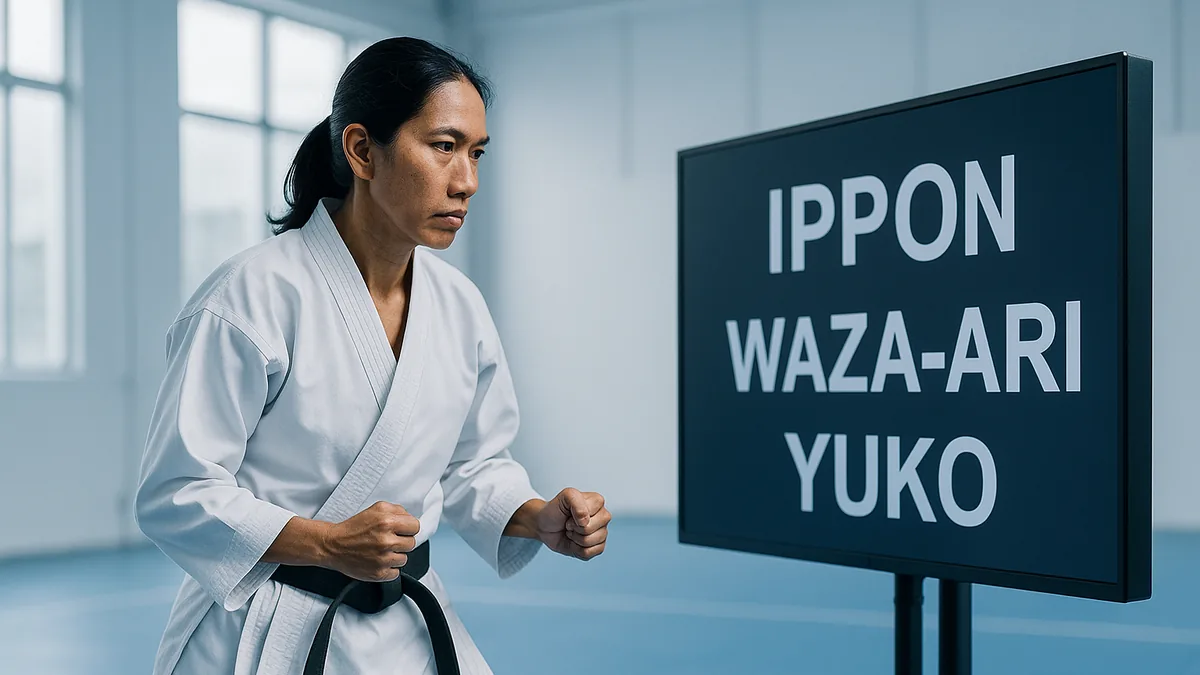 A karate competitor in a gi stands in a ready stance, intensely focused on a scoreboard showing ippon, waza-ari, and yuko scores.