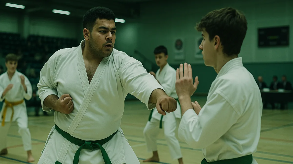 A young male karateka in action during a sparring bout at a competition venue under fluorescent sports hall lighting