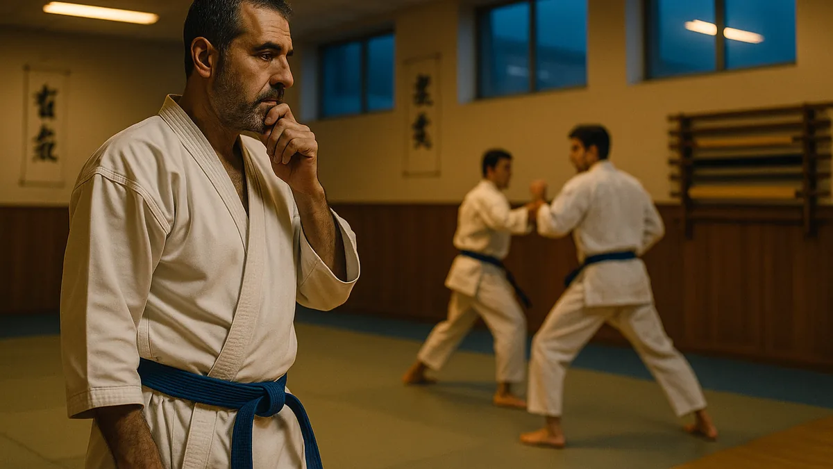 A seasoned karateka in their 40s, wearing a gi, is thoughtfully observing a younger competitor sparring in a dojo, with a focus on timing and strategy.