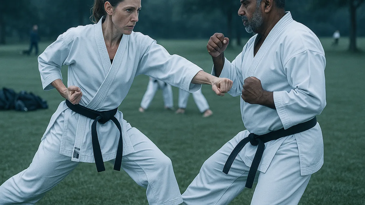 Two karate practitioners in a dojo engaged in intense interval sparring, with one attacking at full intensity while the other maintains a defensive stance.