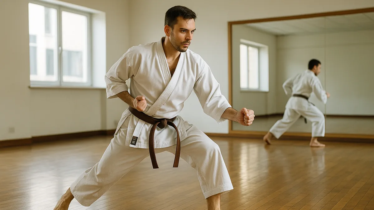 Karate practitioner demonstrating kumite footwork and movement in a dojo
