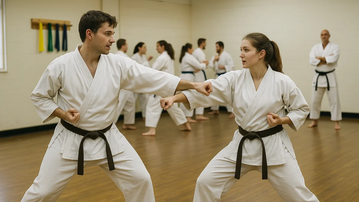 Two nervous white belt beginners facing each other at excessive distance during their first kumite session