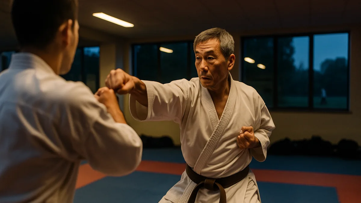 A shorter karateka in a controlled stance, leaning slightly forward with a focused expression, as a taller opponent stands just out of reach.