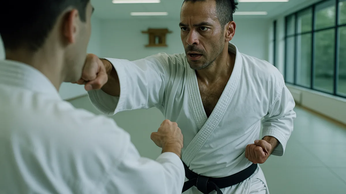 A karateka in a sparring stance with a soft gaze, focusing on their opponent's upper chest while maintaining peripheral awareness.