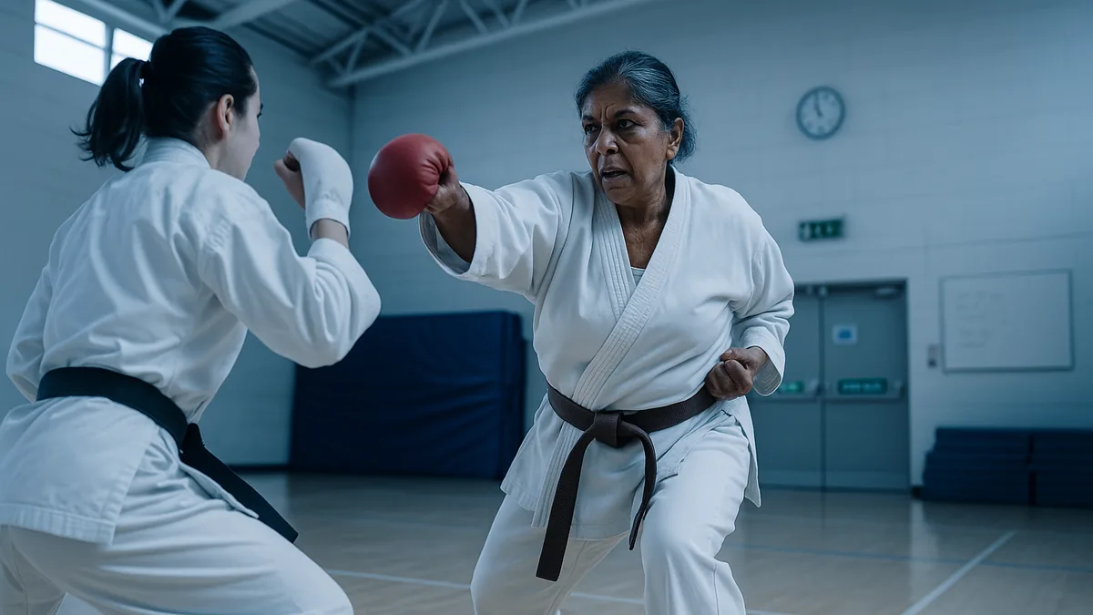 Two karate practitioners face off in a sparring match, one adopting a defensive stance while the other prepares to launch an attack.