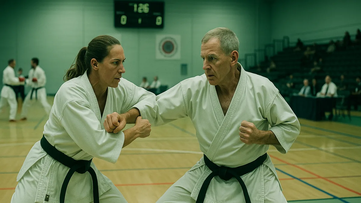 Two karate practitioners in mid-action, one executing a precise jodan gyaku-zuki with clear kime, while the other is caught mid-movement, illustrating the contrast between point fighting and continuous sparring.