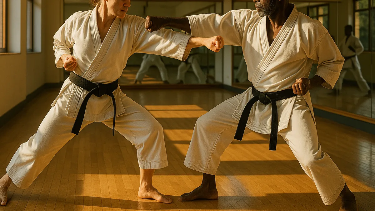 Two karate practitioners engage in a controlled sparring drill, with one executing a block and counter technique while the other prepares to respond.