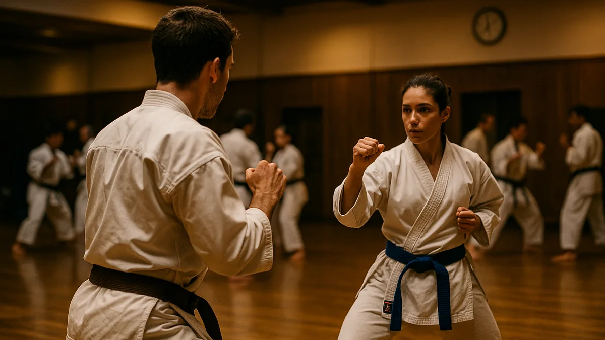 A kumite fighter reading his opponent's shoulder rotation from fighting distance in a tense dojo sparring session