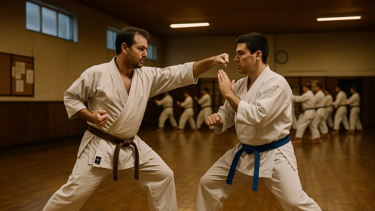 Two karate practitioners in constrained sparring drill with students drilling basics in background