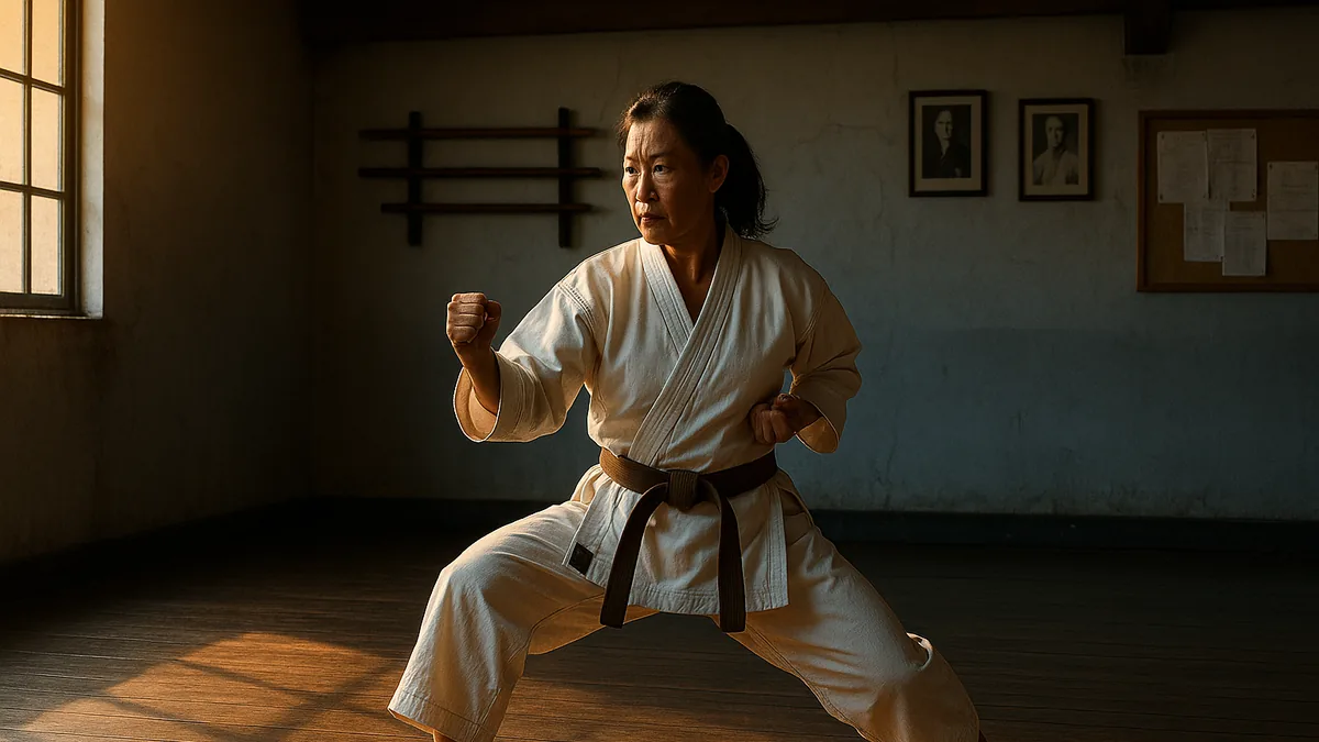 A karateka mid-switch from orthodox to southpaw stance, with a focused expression, in a dojo setting.