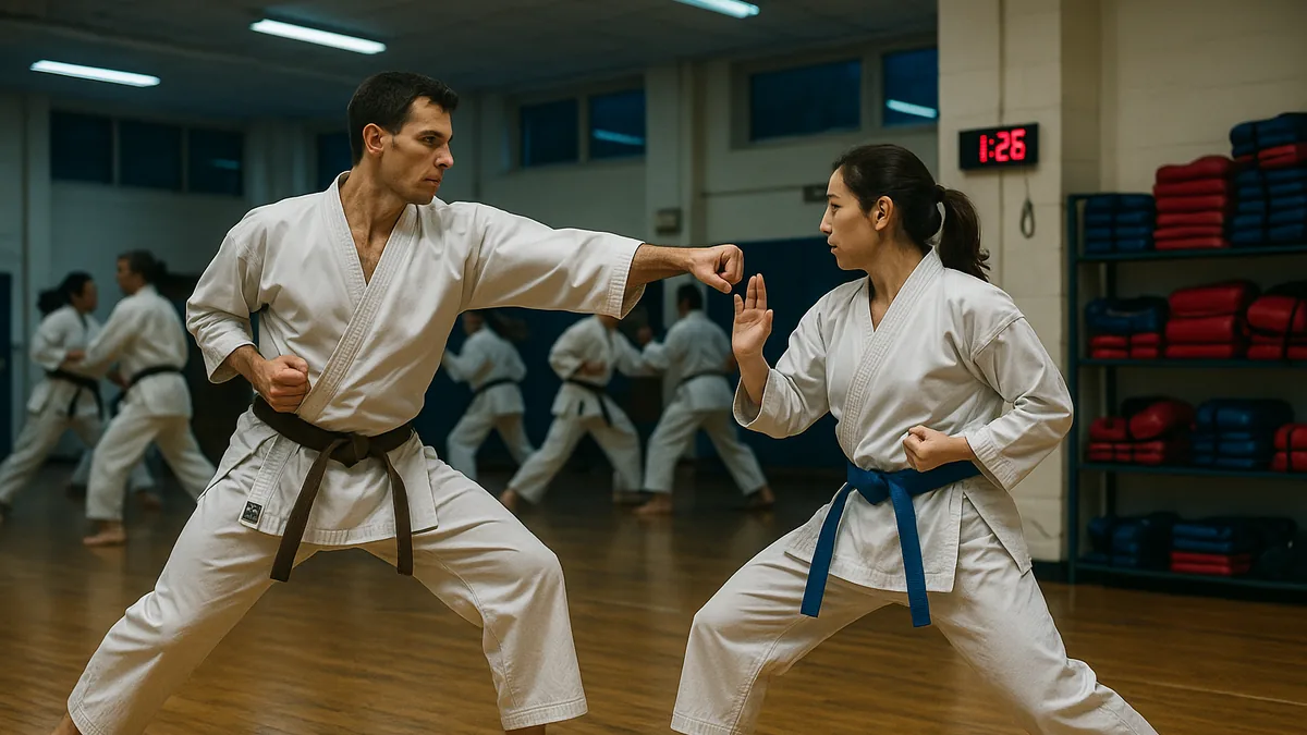 Two karate practitioners sparring in a dojo during kumite training