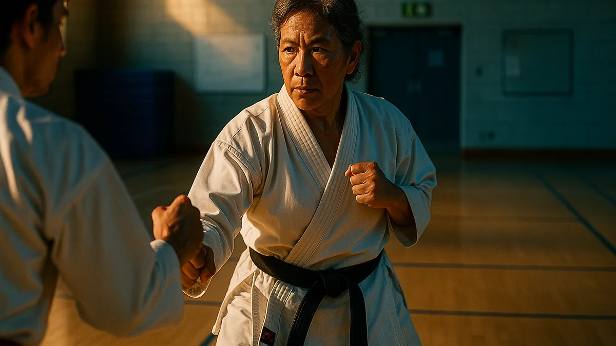 A karateka in mid-action, adjusting their stance and distance between a punch and a kick during sparring.