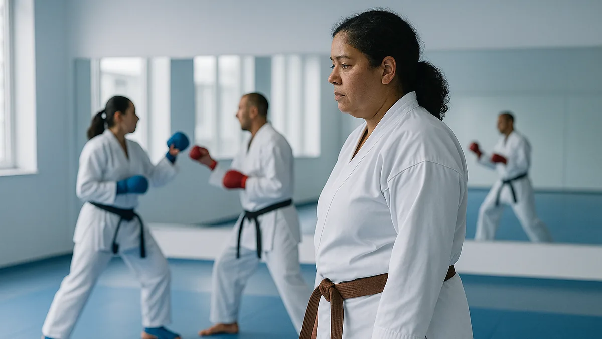 A brown belt karateka stands hesitantly on the edge of a sparring mat, looking uncertain while others spar confidently in the background.