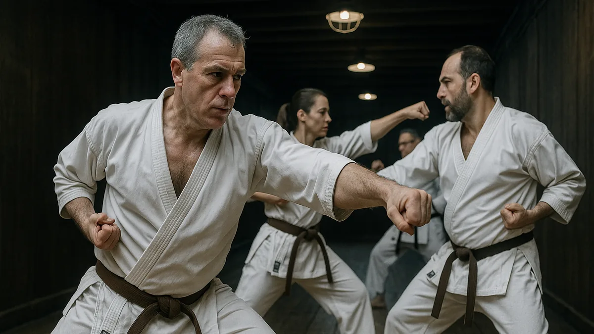 A karate practitioner in mid-sparring, caught with their guard slightly lowered, as an opponent's punch approaches from the exposed side.