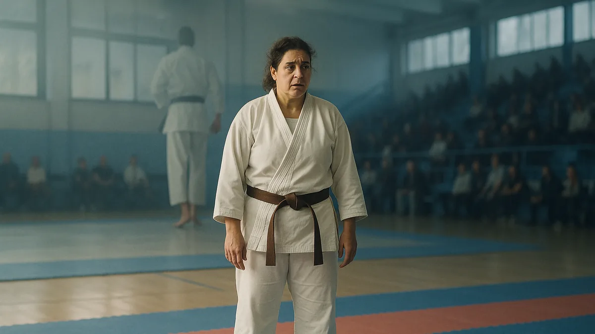 A karate practitioner stands on a competition mat, looking uncertain and out of place, with a familiar dojo scene faintly superimposed in the background.